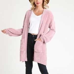 Velvet Knit Bubble Sleeve Mauve Pink Cardigan